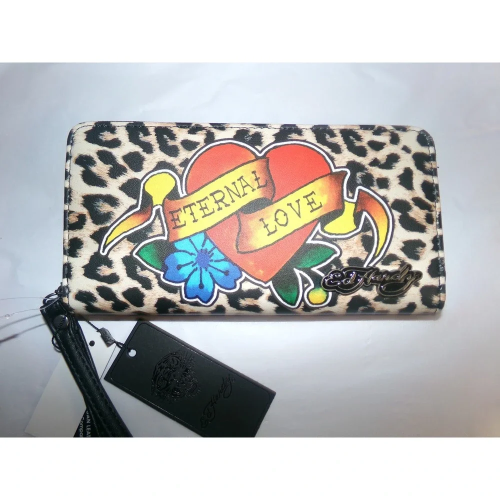 Ed Hardy Eternal Love Leopard Print Vegan Leather Zip Around Wristlet Wallet NEW